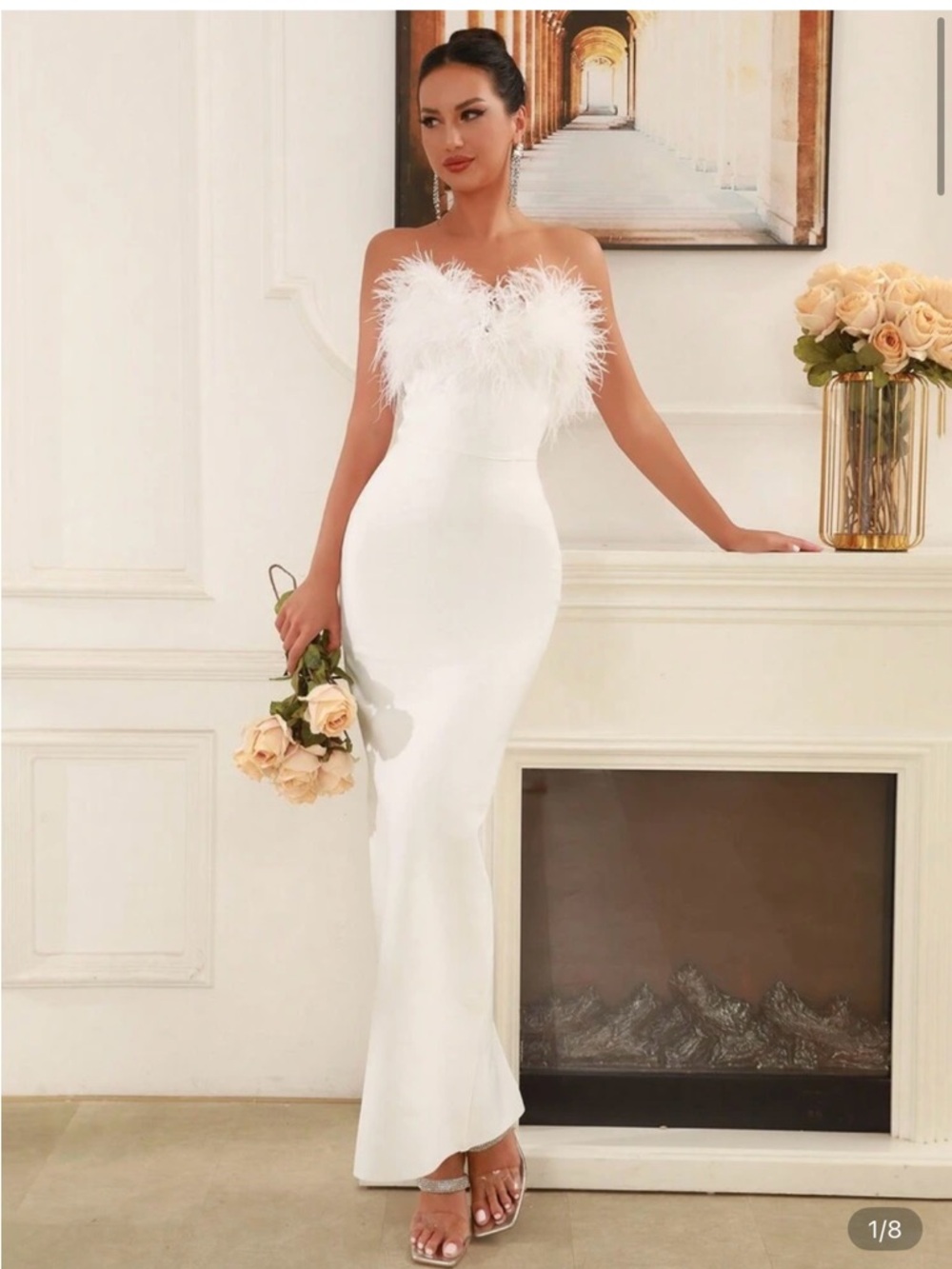Elegant Strapless Feather Bodice White Dress